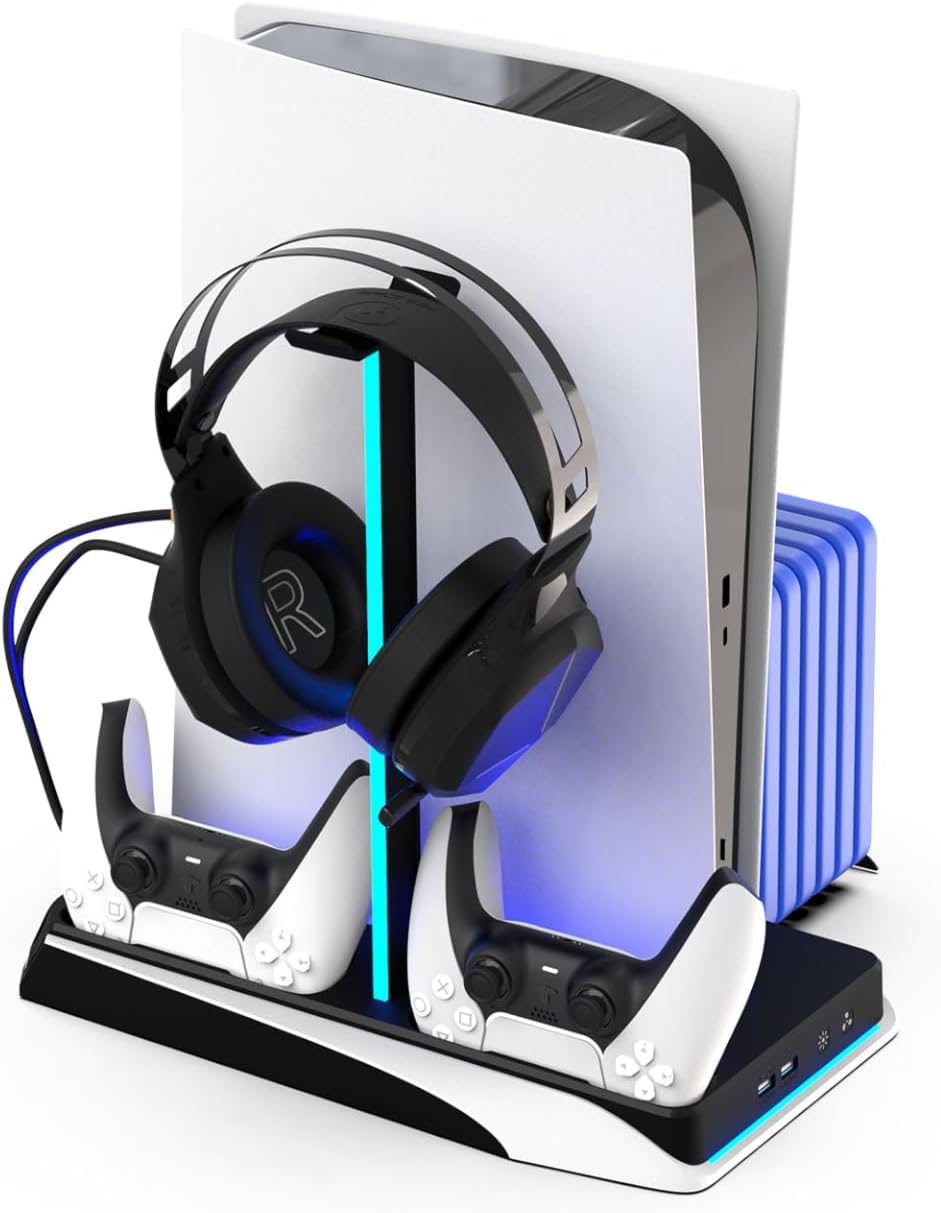 PS5 Gaming console with headset and controller on a white background