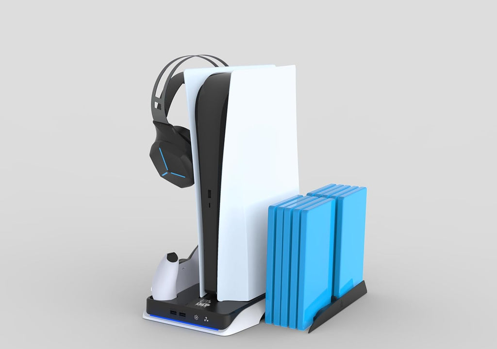 PS% Gaming console with headset and blue game cases on a gray background