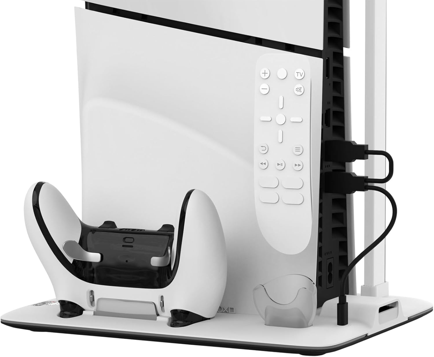 White gaming console with controller and headset on a stand against a white background