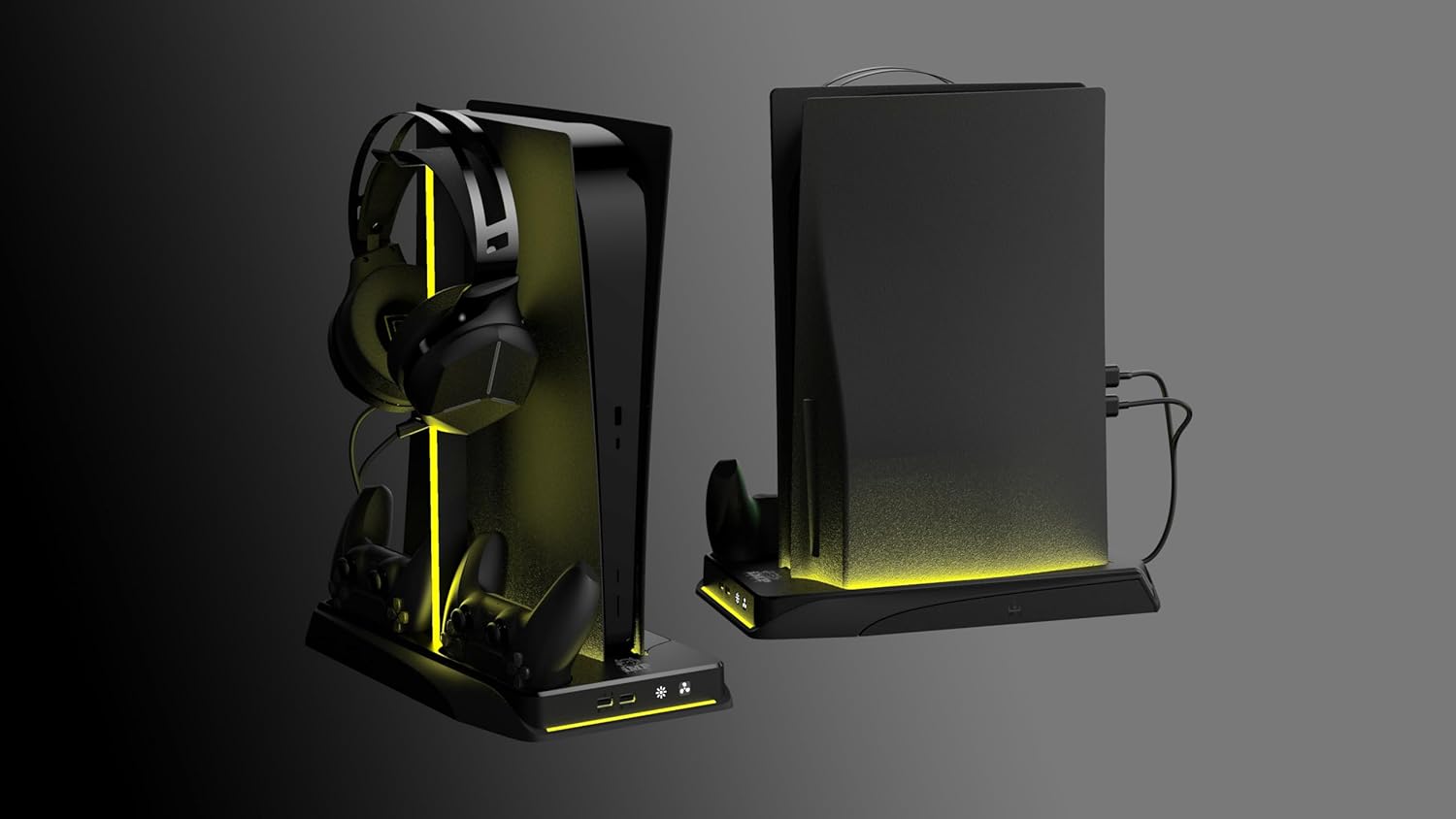 PS5 Gaming console with headset stand on a dark background