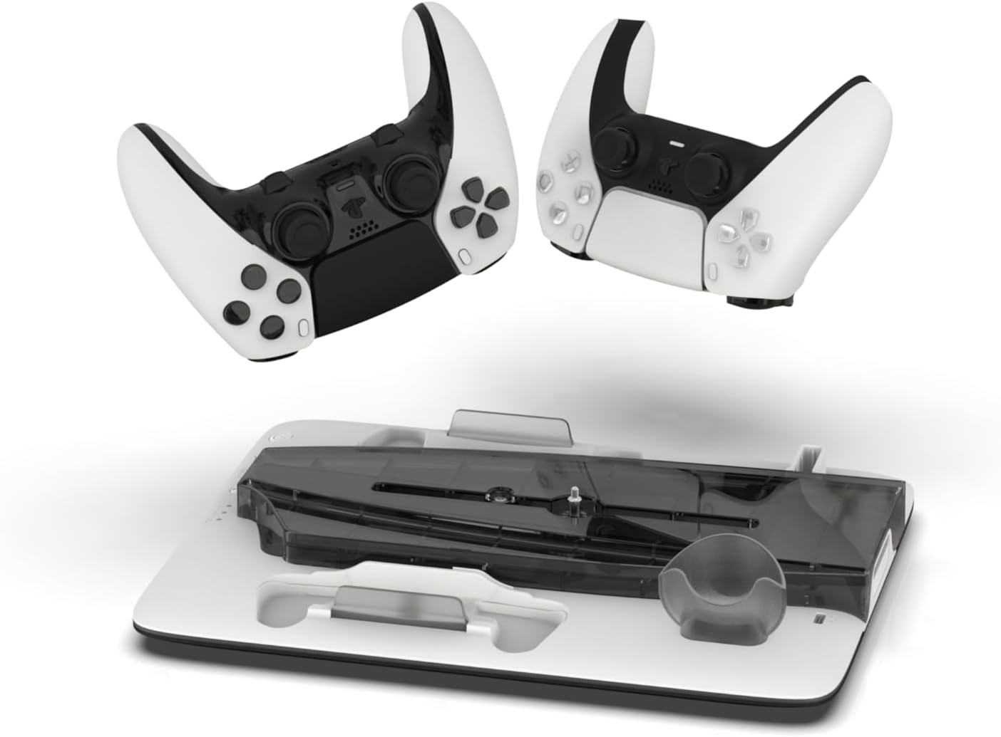 Pair of PS5 black and white gaming controllers with a stand on a white background