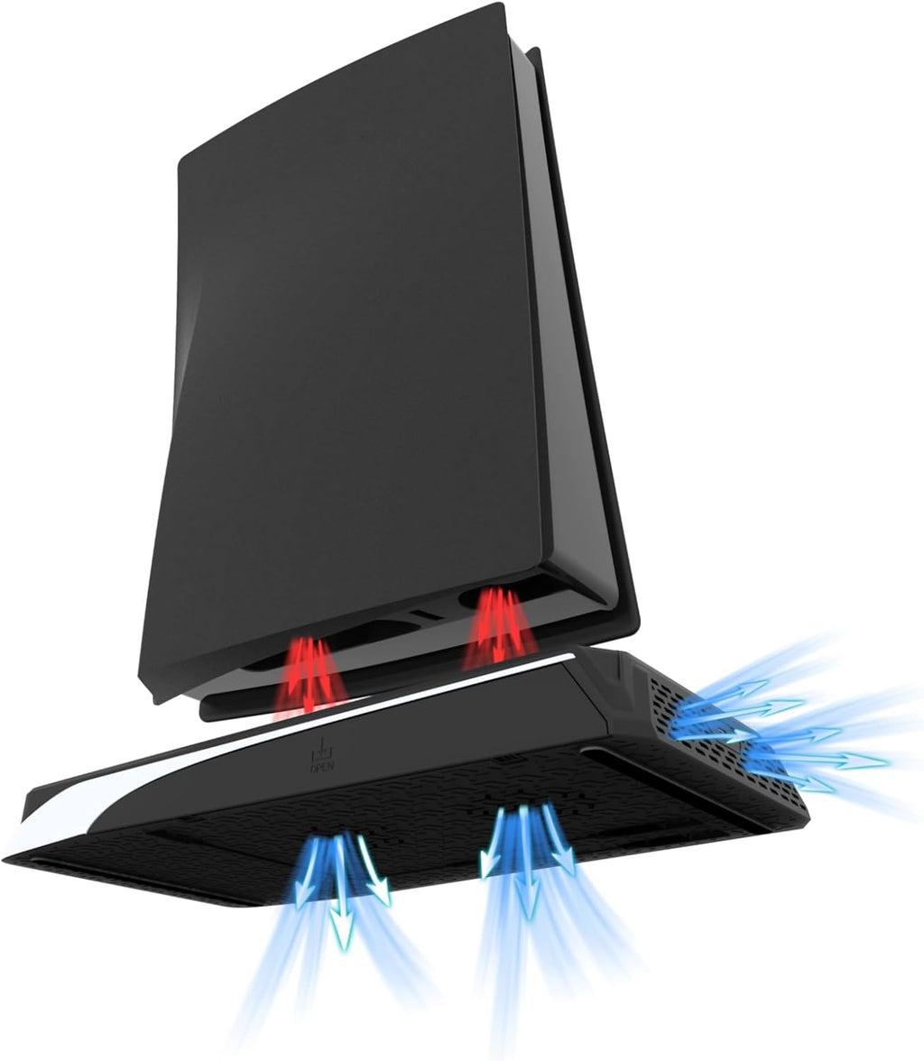 Black PS5 gaming console with cooling fans on a white background