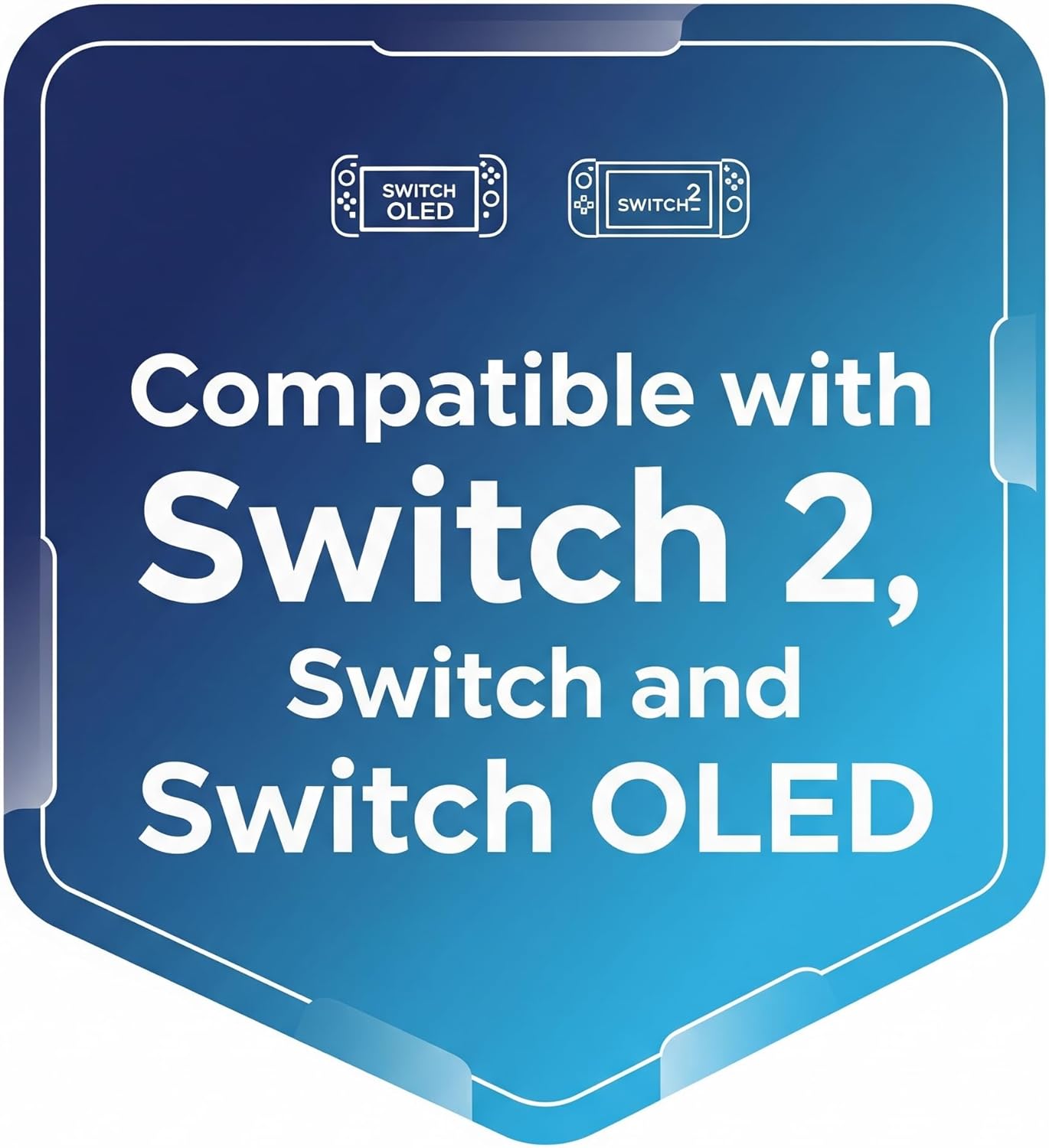 Blue badge with text 'Compatible with Switch 2, Switch and Switch OLED' on a white background