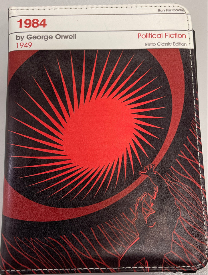 Book cover of '1984' by George Orwell with a red and black design on a white background