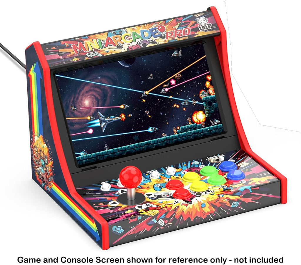 Mini arcade machine with colorful design and joystick on a white background