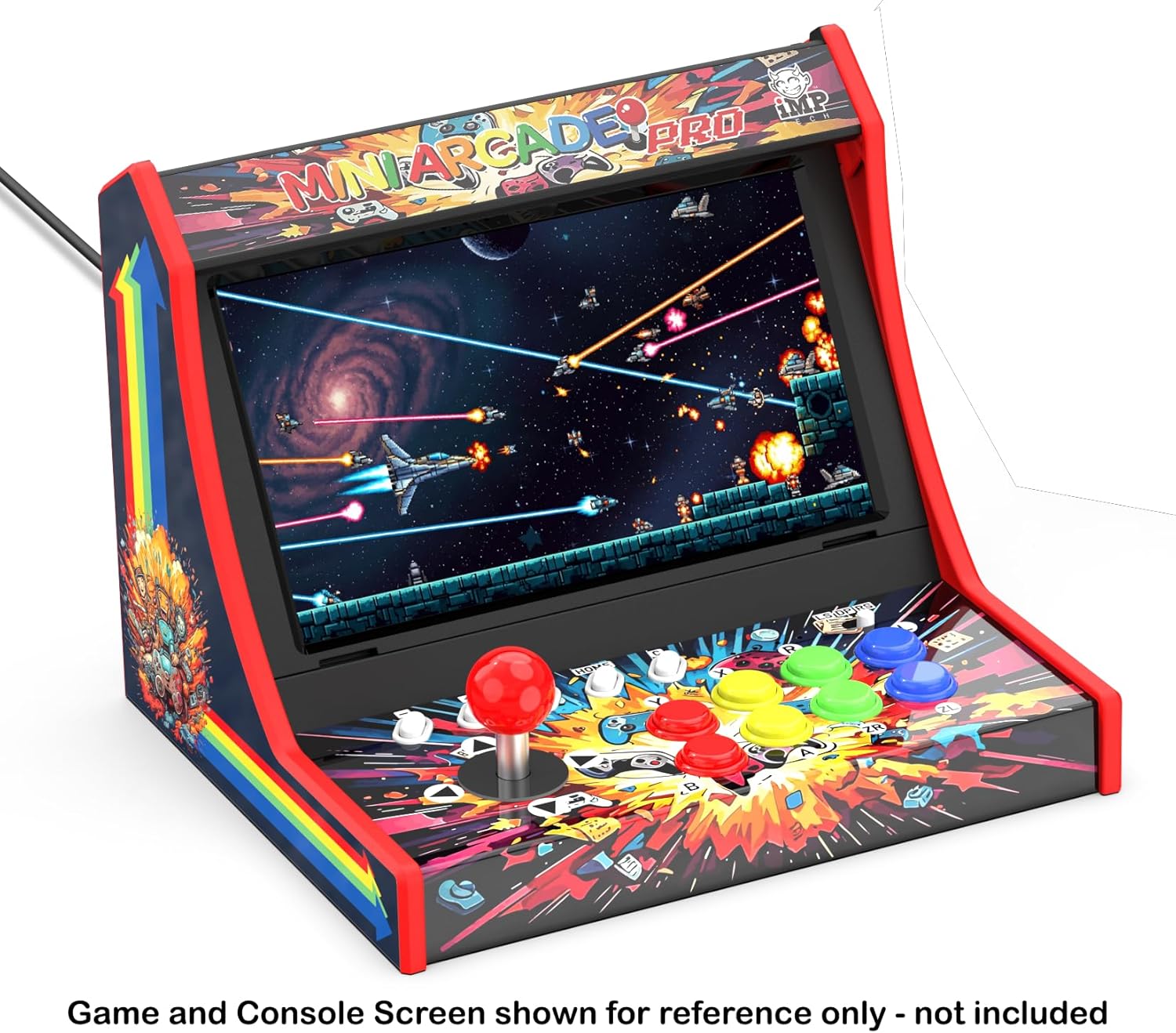Mini arcade machine with colorful design and joystick on a white background