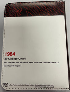Book cover of '1984' by George Orwell with a white and brown design on a gray background