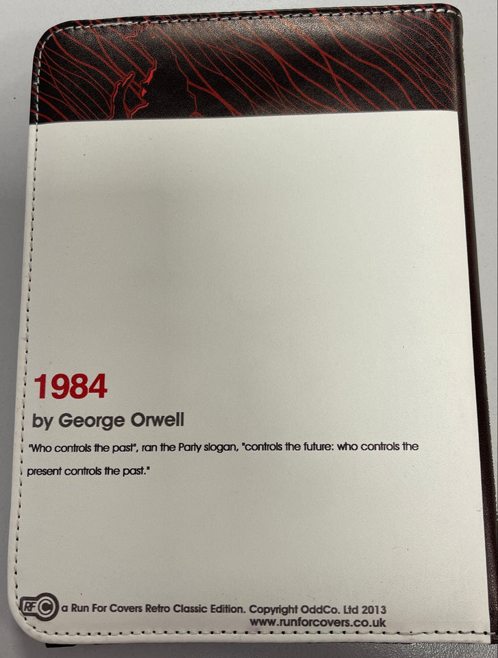 Book cover of '1984' by George Orwell with a white and brown design on a gray background