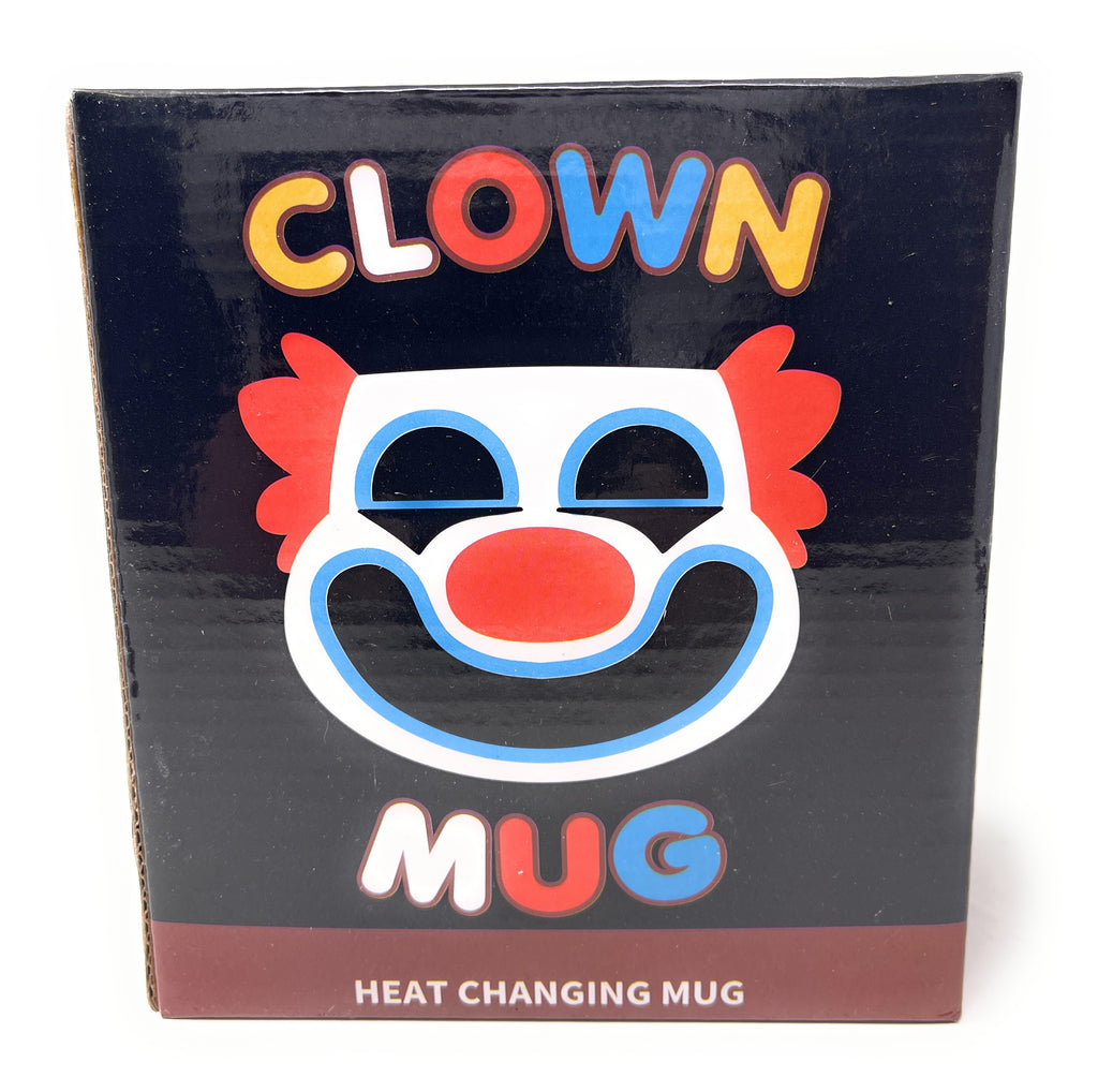 A square black product box for a clown mug, featuring a colorful clown face graphic and the words 'CLOWN MUG' and 'HEAT CHANGING MUG' on a white background.