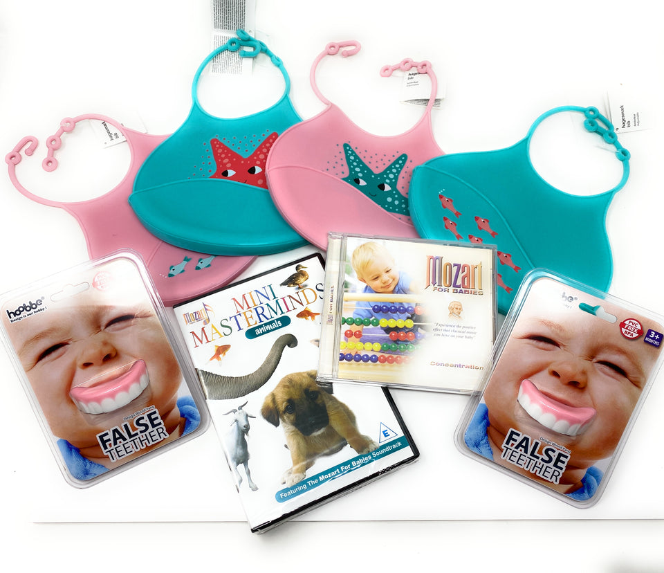 Baby Bundle Silicone Baby Bibs, Teether, Mozart DVDs and CD