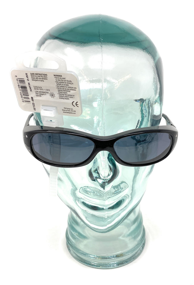 Polarised Optical Covers Over Spectacles BLACK with Diamond Effect Solar Shield 580 Front on Clear Skull