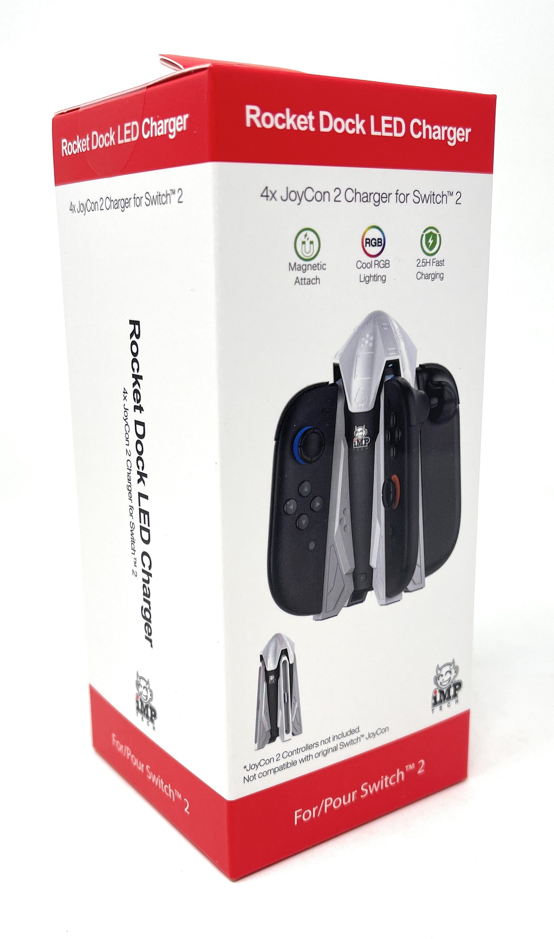 Rocket Dock LED Charger packaging for Switch 2 with Joy-Con controllers on a white background