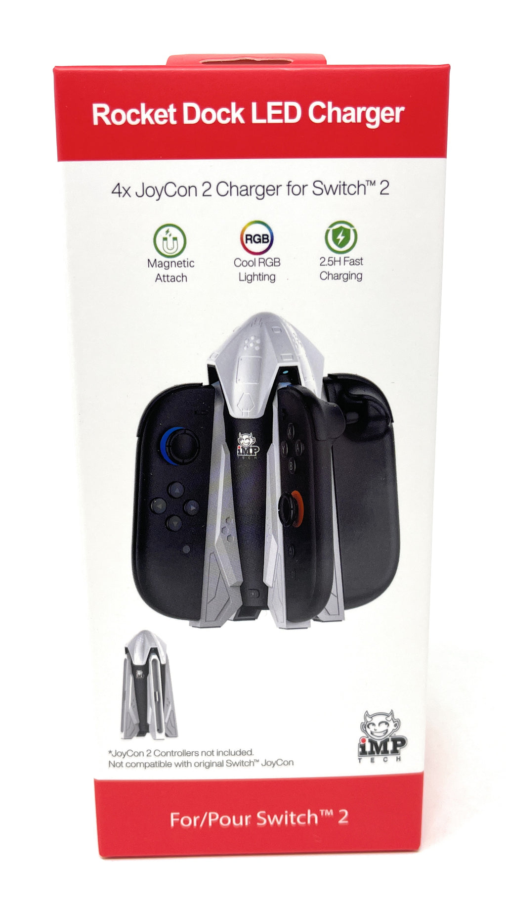 Rocket Dock LED Charger packaging for Switch 2 with JoyCon controllers on a white background