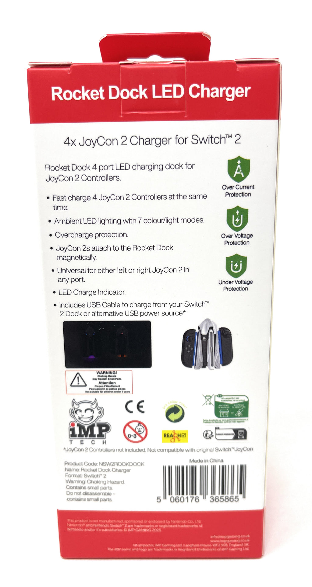 Box for Rocket Dock LED Charger with product details on a white background