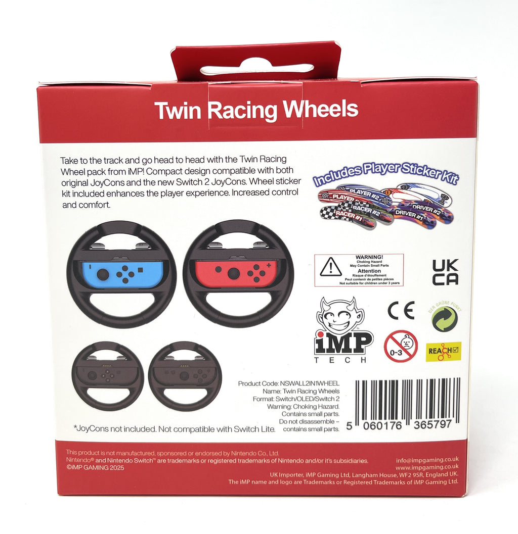 Packaging of IMP Twin Racing Wheels for Nintendo Switch, OLED and Switch 2 
