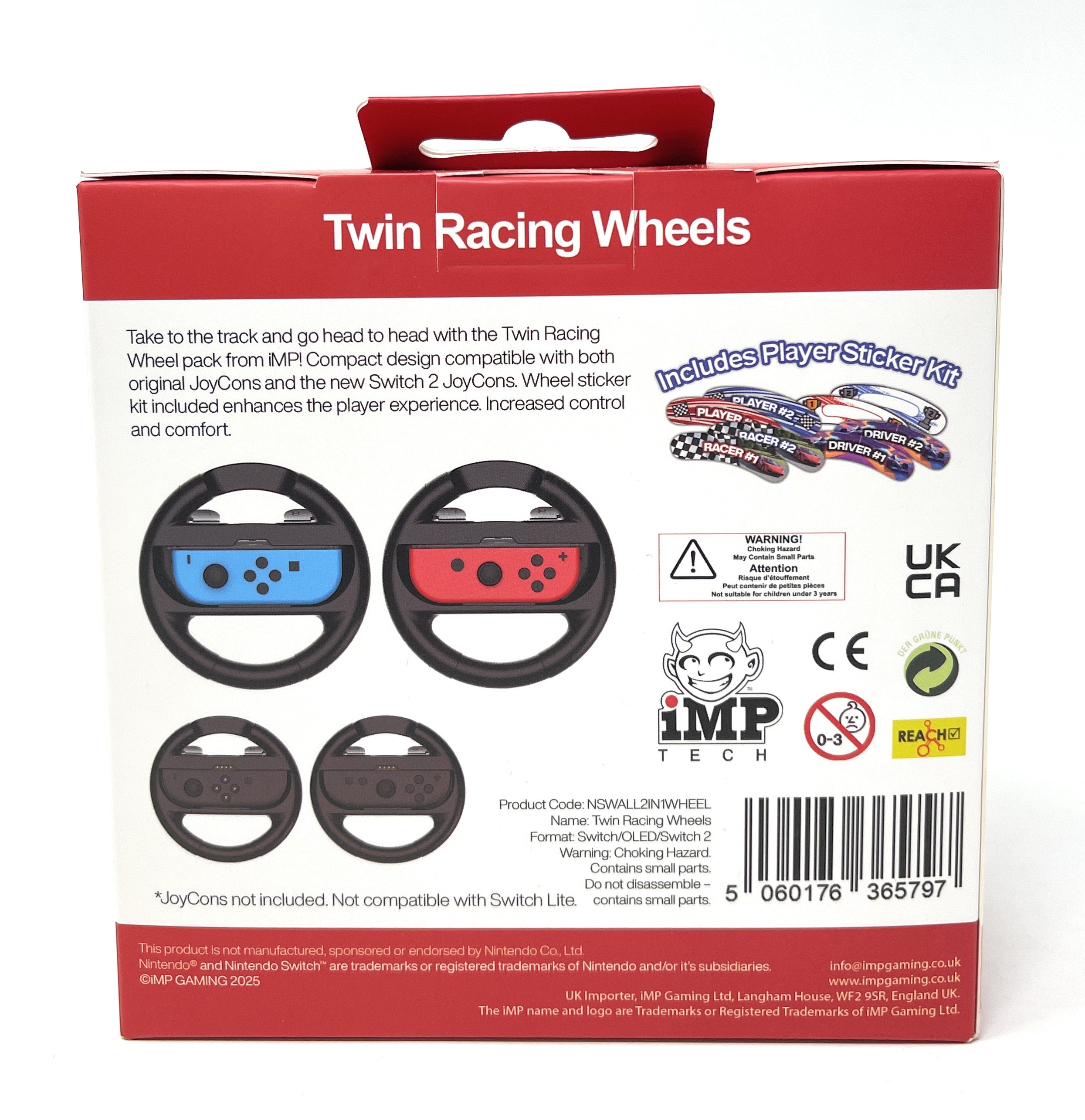 Packaging of IMP Twin Racing Wheels for Nintendo Switch, OLED and Switch 2 