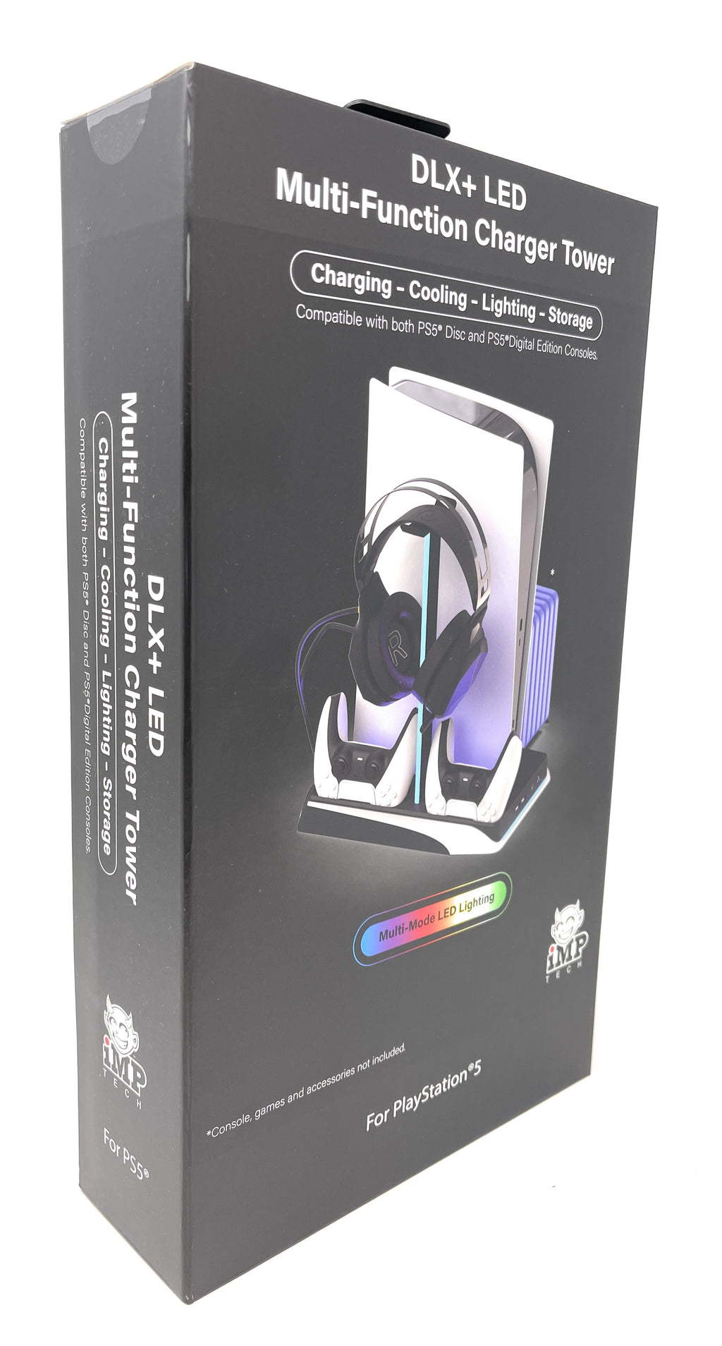 Box for a DLX+ LED Multi-Function Charger Tower with gaming accessories on a white background