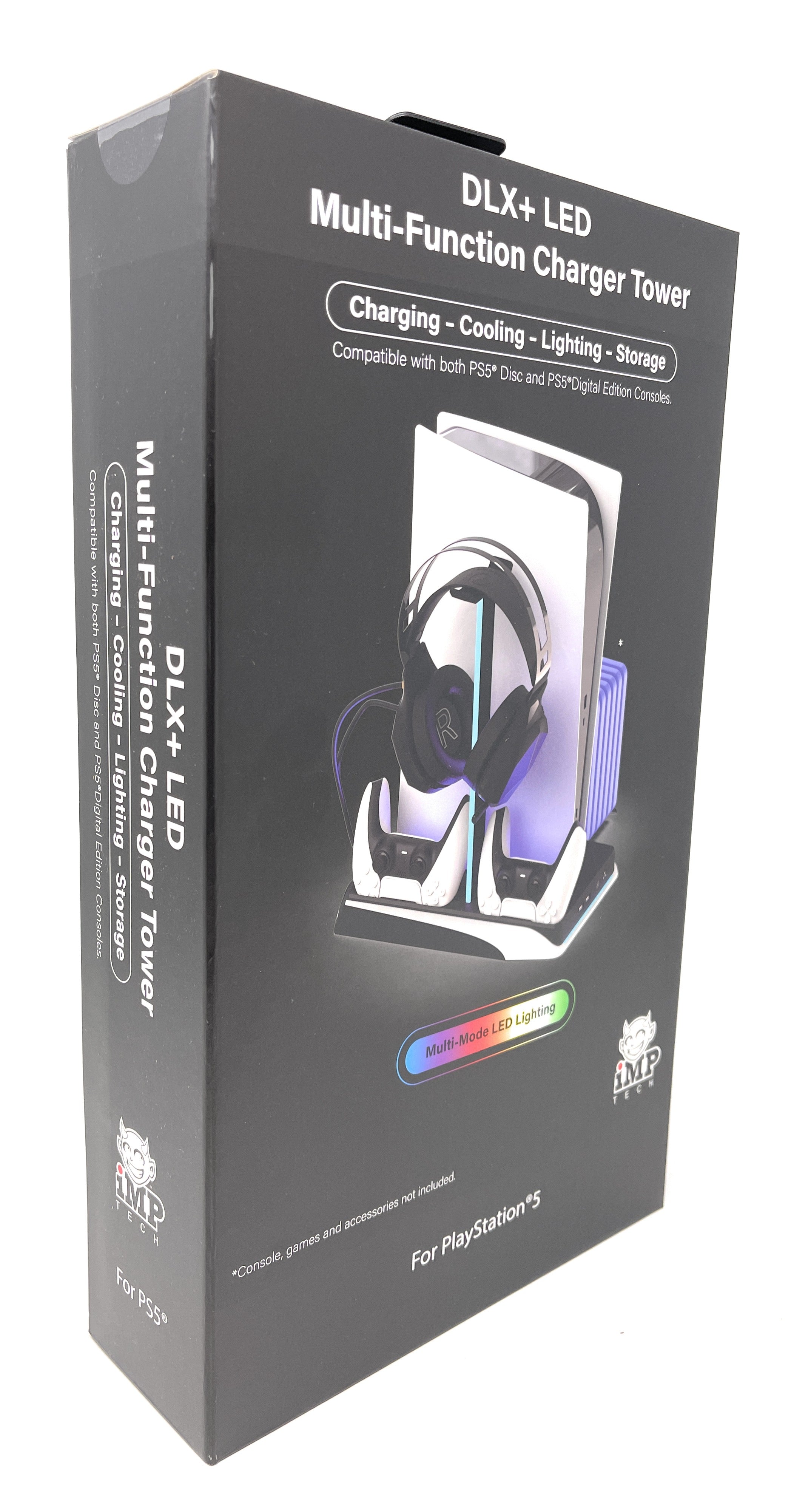 Box for a DLX+ LED Multi-Function Charger Tower with gaming accessories on a white background