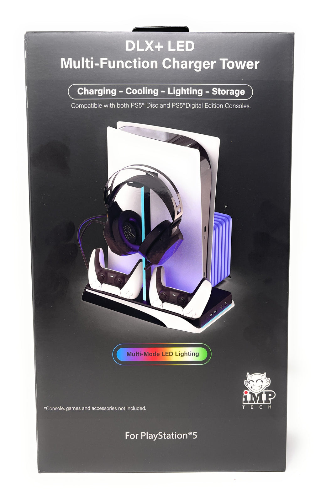 Box for DLX+ LED Multi-Function Charger Tower with colorful design on a white background