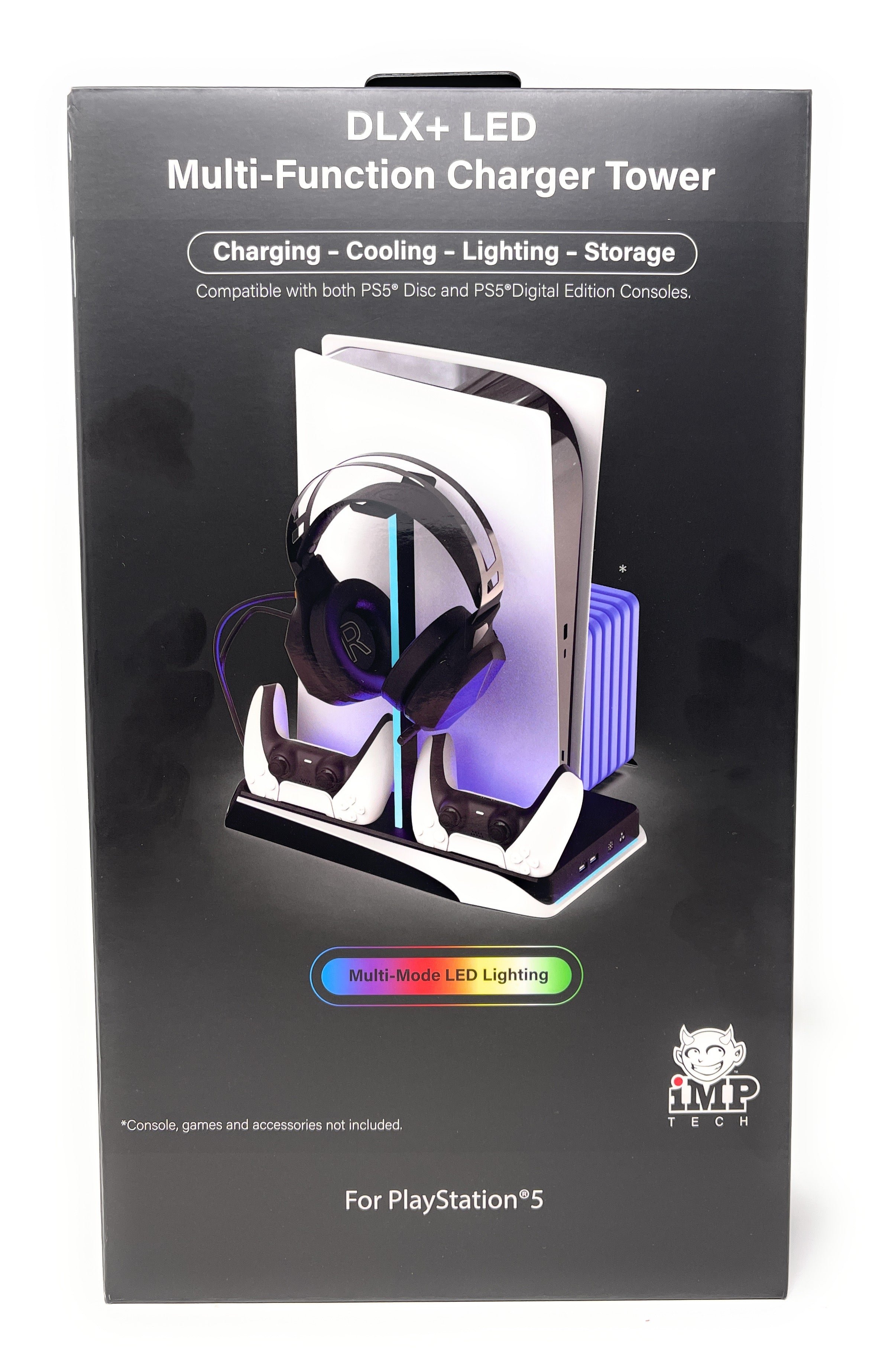 Box for DLX+ LED Multi-Function Charger Tower with colorful design on a white background