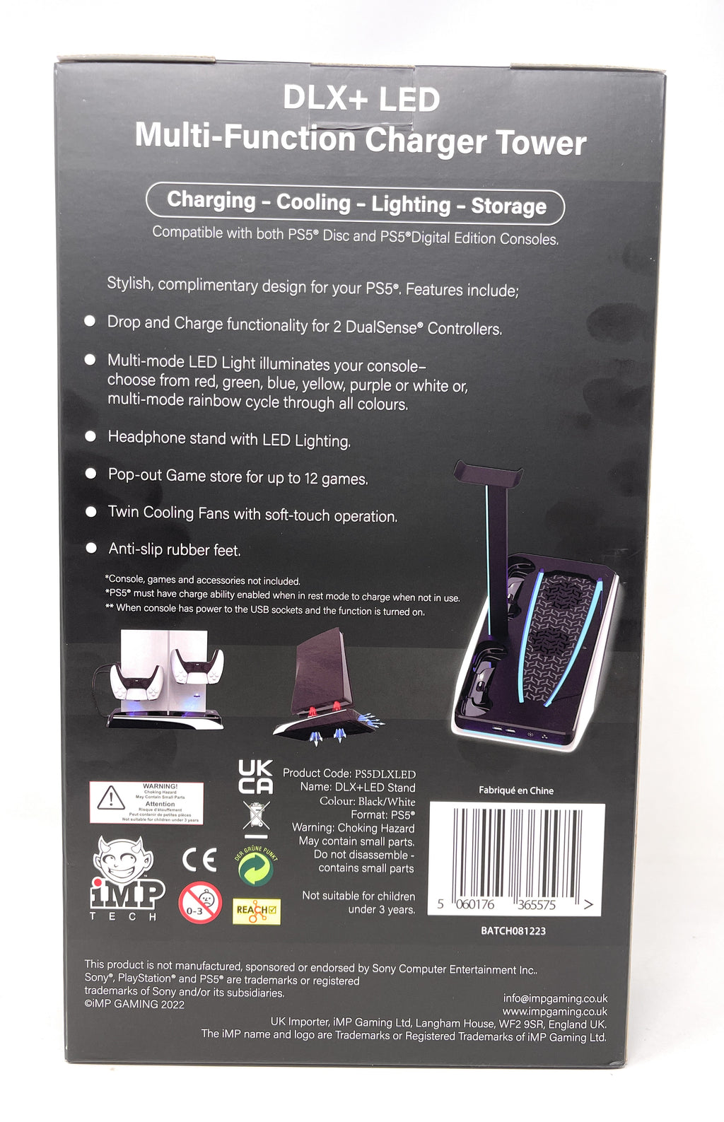 Back view of a DLX+ LED Multi-Function Charger Tower packaging with text and graphics.