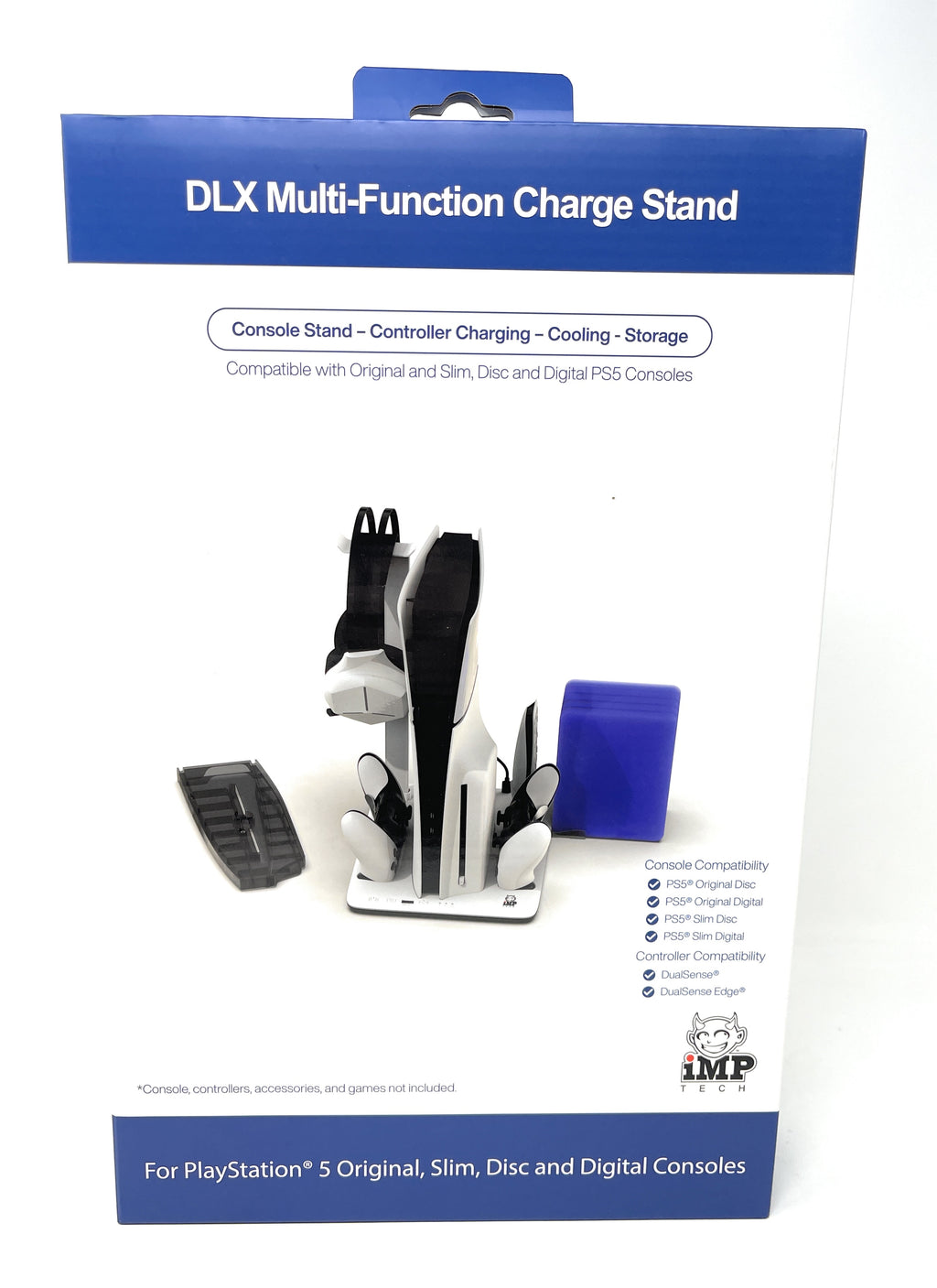 DLX Multi-Function Charge Stand packaging with product and text on a white background