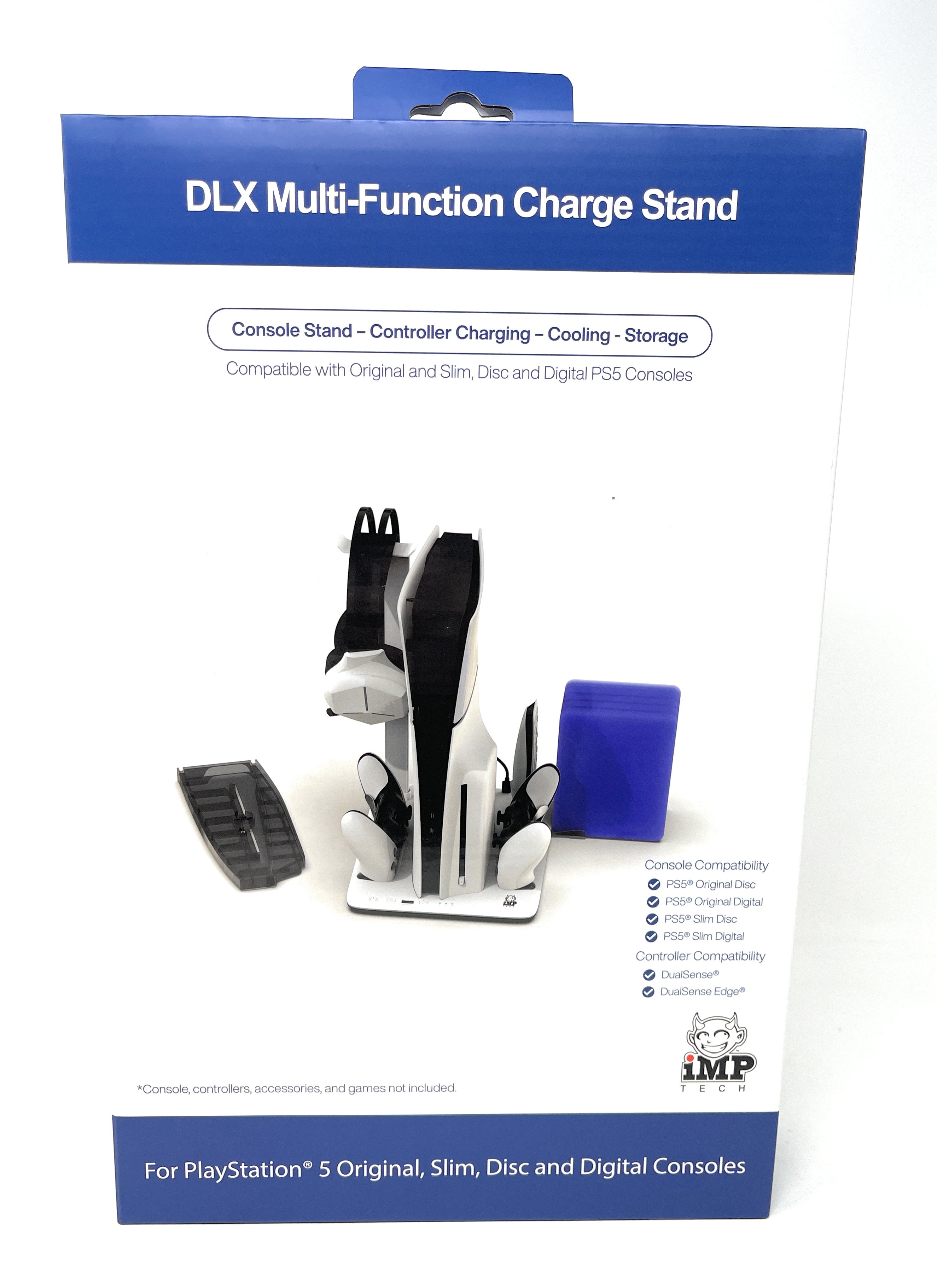 DLX Multi-Function Charge Stand packaging with product and text on a white background
