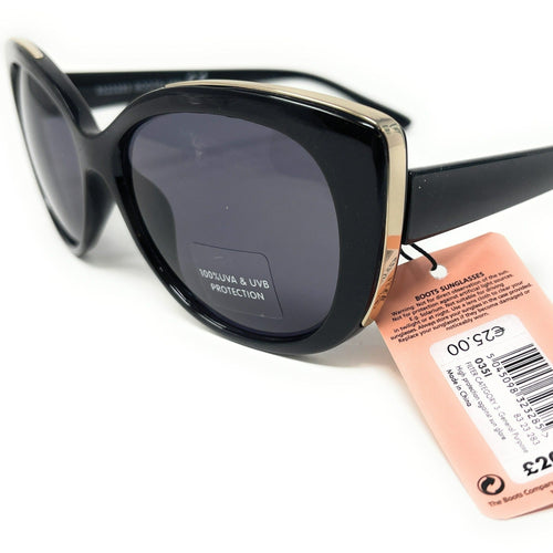 Retro Ladies Sunglasses - Black Frames with Metal Trim Accent  Model:035I