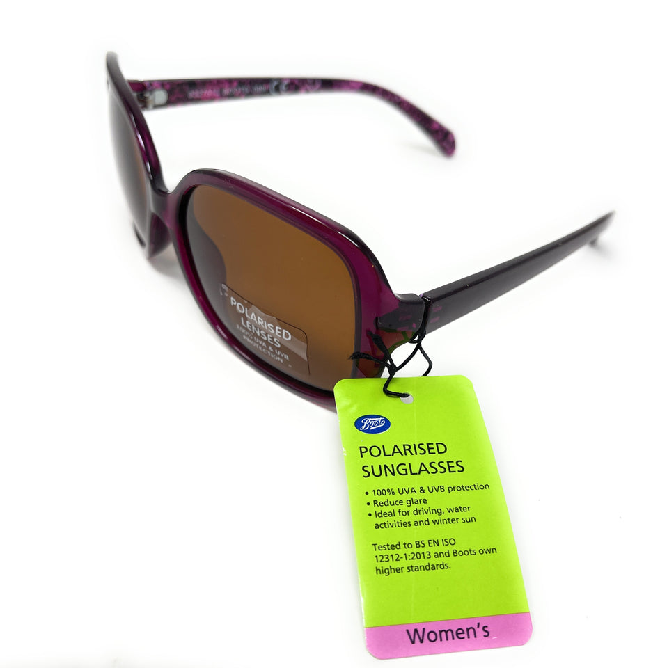 Boots Polarised Sunglasses Purple Frame Brown Lenses 089I